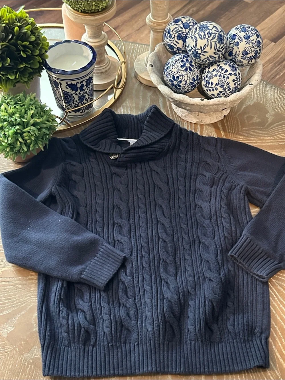 Gymboree Boys Navy Blue Cable Knit Cowl Shawl Neck Sweater